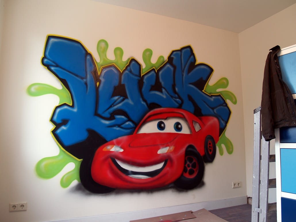 Graffiti muurschilderingen kinderkamer Cars